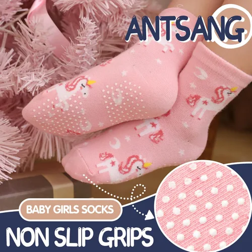 Vista 3 de ANTSANG Calcetines de algodón a rayas de unicornio para bebés, niñas y niños pequeños