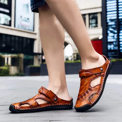 Vista 6 de MIXSNOW Sandalias de cuero con punta cerrada para hombre, sandalias de pescador casuales para caminar al aire libre, zapatos de playa, Negro