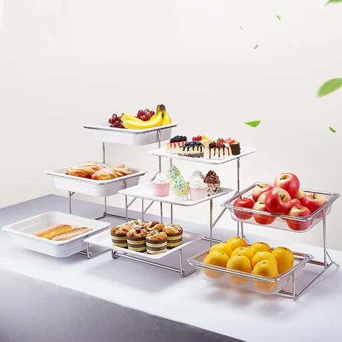 Vista 3 de Mlaea Bandeja blanca para alimentos con estante desmontable de acero inoxidable, soporte de frutas de gran capacidad para banquetes y bufé