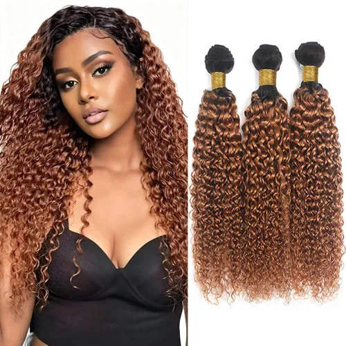 Vista 42 de P4613 Cabello humano rizado onda profunda marrón y paquetes mixtos 8 10 12 P4613 Ombre Marrón-Rubio-DP