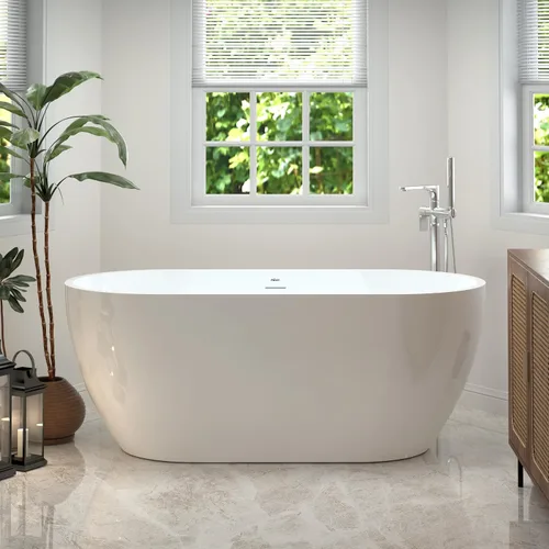 Vista 42 de FerdY Bañera independiente de acrílico Bali de 47 pulgadas, bañera independiente con forma elegante, certificado cUPC, drenaje dorado cepillado