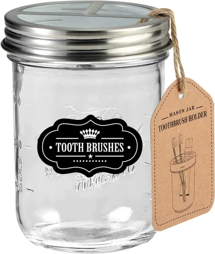 Vista 9 de Mason Jar - Soporte para cepillos de dientes, color negro con tarro Mason de 16 onzas Premium Rustproof 304 Stainless Steel Lid and Chalkboard