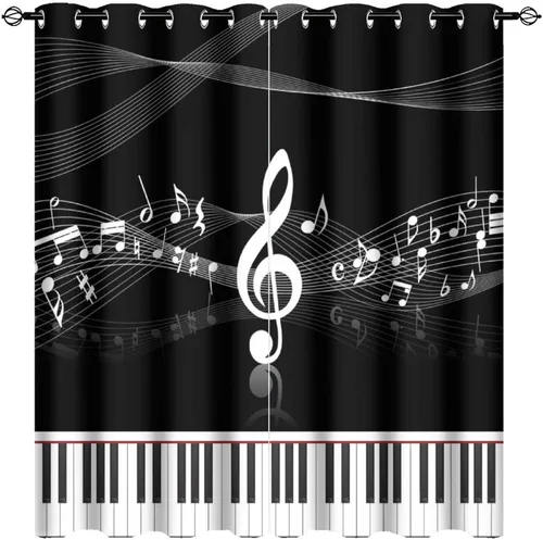 Vista 43 de Cortinas opacas de oscurecimiento de habitación con ojales, diseño rústico de símbolos musicales blancos y negros, tratamiento de ventana