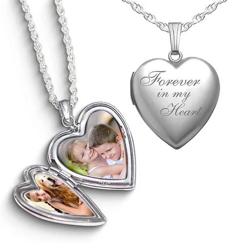 Vista 7 de Collar con medallón y frase en inglés Forever in My Heart para fotos en plata de ley y chapado en oro amarillo, 34 pulgadas x 34 pulgadas, incluye