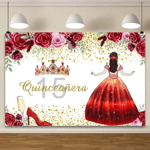 Vista 2 de YongFoto Telón de fondo de quinceañera de 5 x 3 pies para quinceañera de cumpleaños de 15 años, corona floral de rosa, fondo de cumpleaños