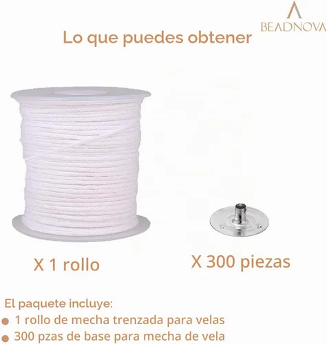 Vista 3 de BEADNOVA Carrete trenzado de mecha de vela con juego de base, rollo de cuerda de vela de algodón de 200 pies y 300 clips de mecha, pestañas