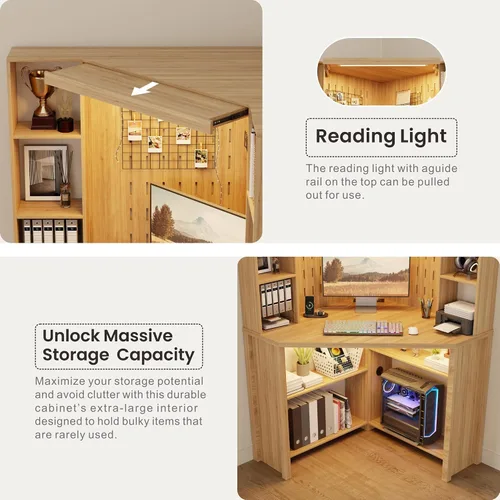 Vista 6 de Escritorio esquinero para computadora con luces LED, escritorio de estudio en forma de L con gabinete y estantes, escritorio triangular para oficina