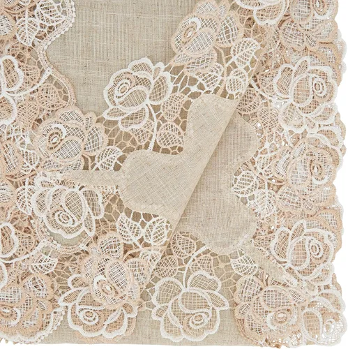 Vista 2 de SARO LIFESTYLE June Collection Camino de mesa con borde de rosas de encaje, 16 x 120 pulgadas, natural
