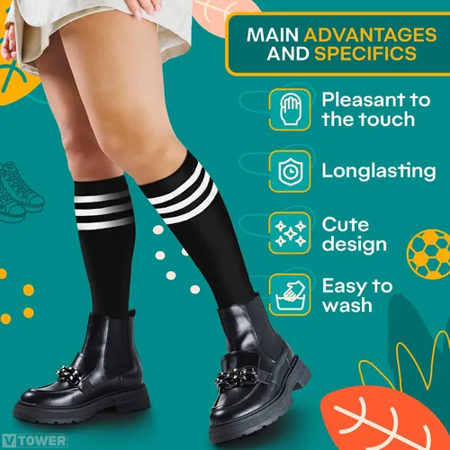 Vista 4 de Calcetines de fútbol para niños, calcetines de fútbol para niños, calcetines de fútbol blancos negros hasta la rodilla para jóvenes y niñas, mejores