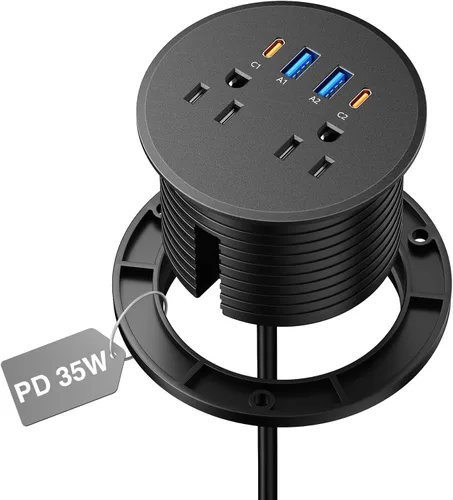 Vista 8 de Ojal de alimentación de escritorio USB-C PD 65W, 2 tomacorrientes 4 puertos Negro USB-C 65W