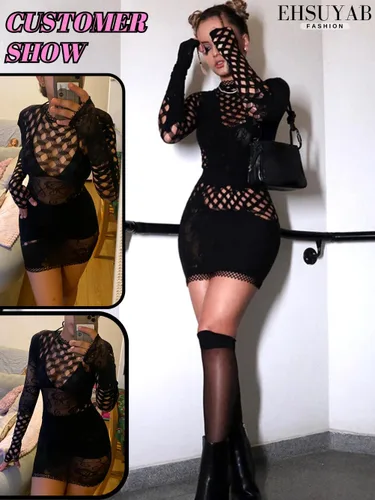 Vista 4 de Trajes de club, vestido de red ajustado de una pieza de manga larga