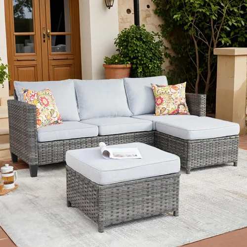 Vista 11 de ovios Sofá de patio de 3 piezas, juego de muebles de patio al aire libre, sofá de mimbre con otomanas gruesas cojines, juego de conversación de Beige