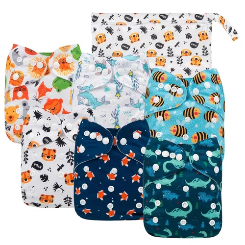 Vista 9 de babygoal - Juego de 6 fundas para pañales de tela con bolsa húmeda para pañales ajustables y predoblados con doble refuerzo, ajustables