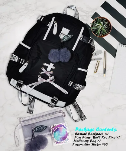 Vista 7 de Mochila para mujeres, adolescentes, niños y niñas, resistente al agua, casual, para laptop con puerto de carga USB, bonita bolsa para viajes