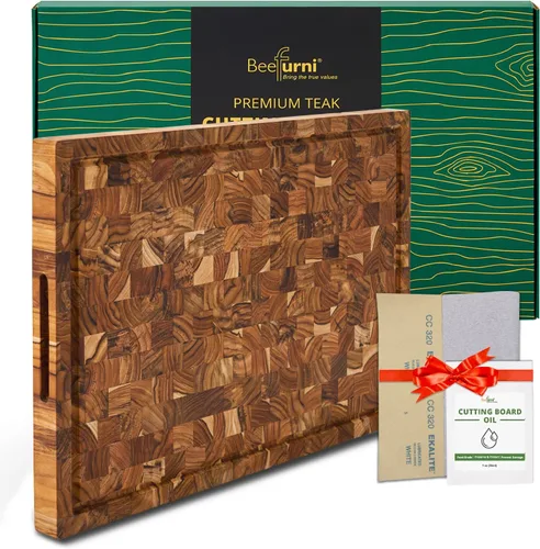 Vista 8 de Tabla de cortar de madera de teca de grano final (M, 18x14x1.5"), tablas de cortar de madera para cocina con ranura para jugo y agarre manual, tabla