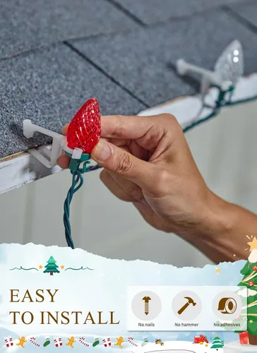 Vista 3 de Luces de Cadena LED de Navidad C9, 68 Pies 100 LED Luces de Techo Strawberry con 100 Clips Todo en Uno, Grado Comercial Impermeable Extensible