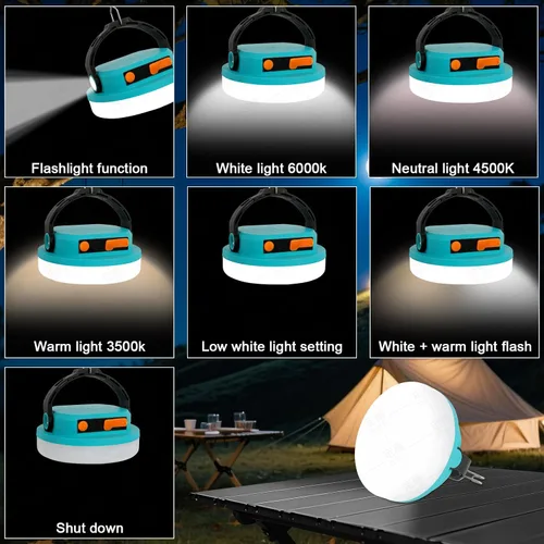Vista 2 de Luz de campamento recargable, linterna LED para cortes de energía, luz de emergencia impermeable para tienda de campaña con gancho magnético, banco