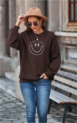 Vista 3 de Sudadera casual de moda con cuello redondo de gran tamaño con estampado gráfico de cara sonriente, ajuste holgado con capucha