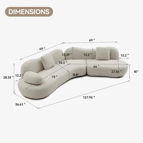 Vista 2 de Moderno sofá modular nórdico curvado para sala de estar, sofá modular beige Boucle de 5 plazas, sofá tapizado de estilo escandinavo sin compresión