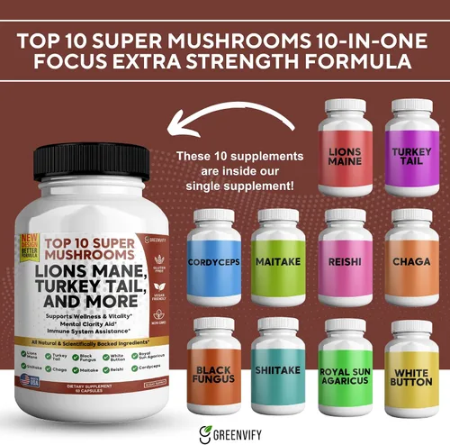 Vista 5 de Lions Mane 10 Super Champiñones Suplemento - Melena de León, Reishi, Cordyceps, Extractos de Shiitake - 60 Cápsulas (1)