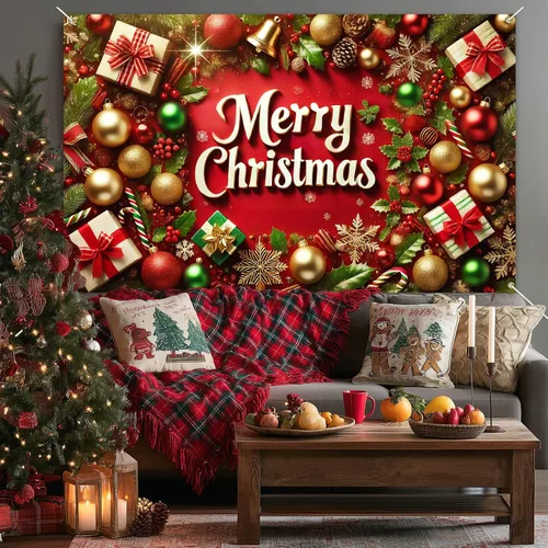 Vista 4 de BlissYard Cartel de Feliz Navidad de 71 x 43 pulgadas, fondo rojo y dorado, caja de regalo, fondo de fotografía, fondo de fotografía para interiores