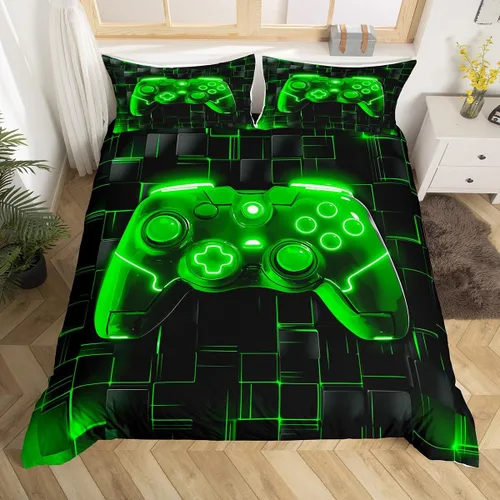 Vista 20 de Juego de funda de edredón con diseño de videojuegos para niños, tamaño individual, negro y azul a cuadros, juego de ropa de cama moderna