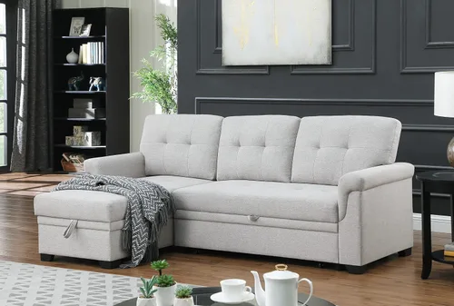 Vista 3 de Moderno sofá modular convertible con diván de almacenamiento reversible, sofá cama extraíble de lino tapizado de 84 pulgadas, sofá esquinero