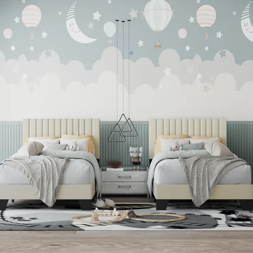 Vista 8 de Marco de Cama Tamaño Twin con Cabecera Capitonada Ajustable – Cama de Plataforma Tapizada en Terciopelo, Marco Resistente y Listones, No Necesita