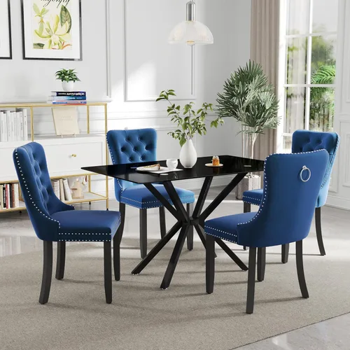 Vista 23 de Juego de comedor moderno de cristal de lujo de 5 piezas, juego de comedor rectangular minimalista para 4, juego de mesa de cocina de vidrio