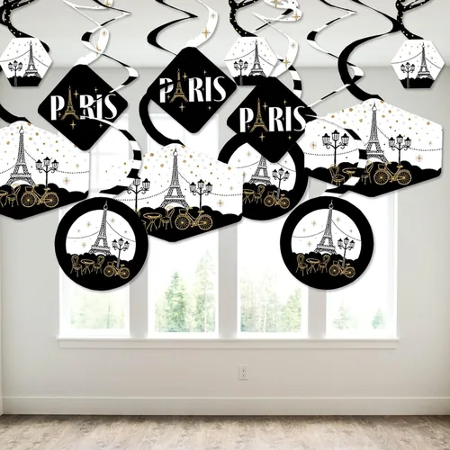 Vista 3 de Big Dot of Happiness Stars Over Paris - Decoración para colgar en fiestas con temática parisina - Remolinos de decoración para fiestas - Juego de 40