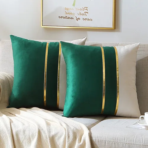 Vista 8 de WACOMECO Fundas de almohada de terciopelo, paquete de 2 fundas de cojín decorativas suaves con cuero dorado para sofá, dormitorio, sala de estar