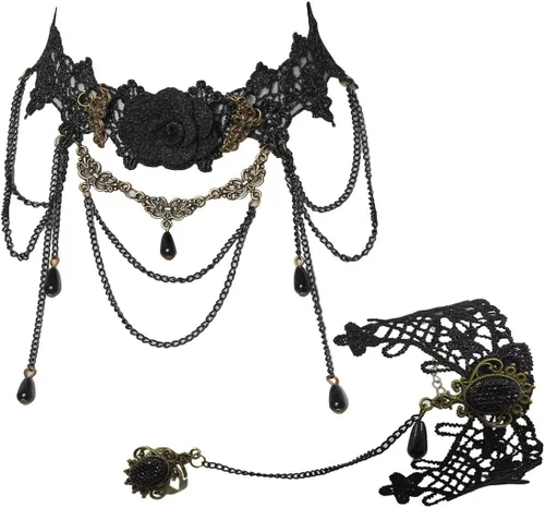 Vista 6 de Eigso Gargantilla de encaje retro estilo gótico vintage con colgante de cadena de cuentas, vampiro para mujer A2: negro