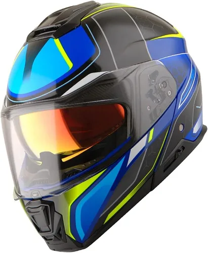 Vista 2 de Martian Casco modular de cara completa para motocicleta, protector solar con doble visera: HG362 azul amarillo