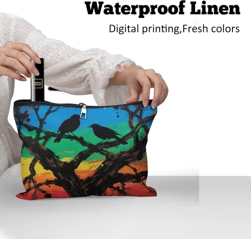 Vista 4 de Cafl Bolsa de maquillaje para mujeres y niñas, organizador de viaje portátil de gran capacidad, 10 x 8 pulgadas, Par de mirlo posado en ramas