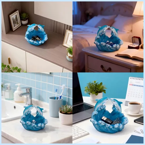 Vista 3 de Estatua de resina de delfín con base ondulada, decoración de mesa auxiliar, pequeña decoración de escritorio para estante de oficina en casa, mini