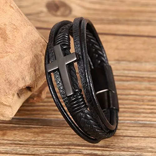 Vista 4 de Pulsera trenzada marrón casual de cuero negro para hombre