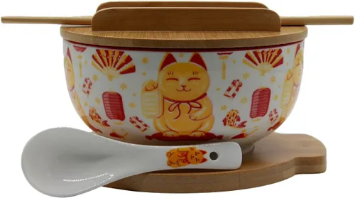 Vista 9 de XWORLD Juego de cuencos de cerámica japonesa para fideos ramen con cuchara de cerámica, palillos de bambú, tapa y salvamanteles, capacidad