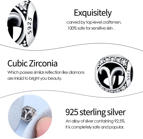 Vista 6 de Zodiac Sign Bead Birthday Charms 925 Sterling Silver Birthstone Charms Fits Women's Charm Bracelet & Necklace Bangle Gifts for Girls & Friends