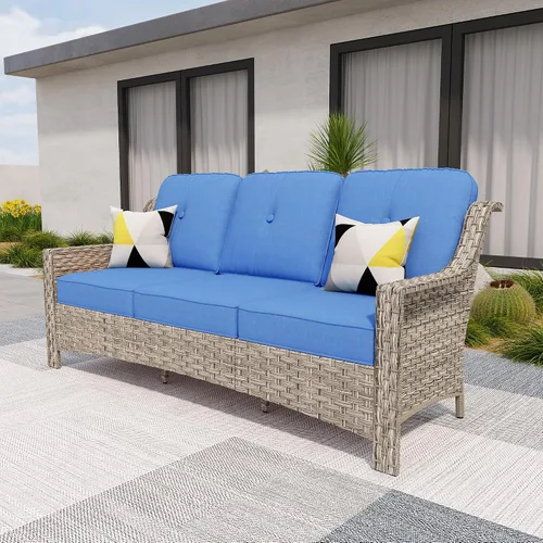 Vista 30 de HOOOWOOO Sofá de patio de 3 plazas de mimbre para exteriores, resistente a todo tipo de clima, con respaldo alto, muebles a juego (beige y bronceado)