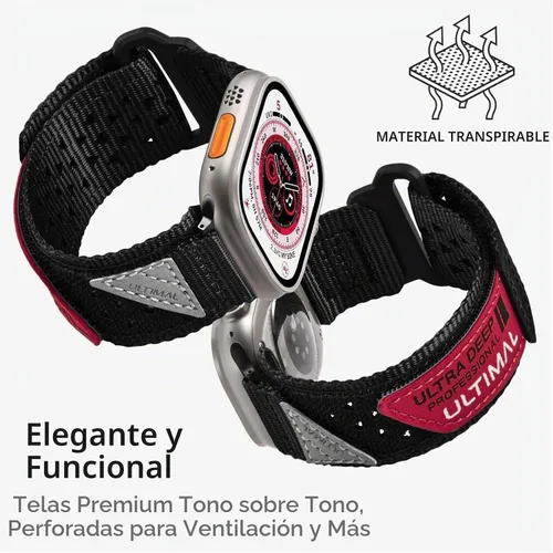 Vista 3 de ULTIMAL Correa Compatible con Apple Watch 49mm 45mm/44mm/42mm 41mm/40mm/38mm, Correa Deportiva de Nylon Resistente y Transpirable, Diseño Perforado