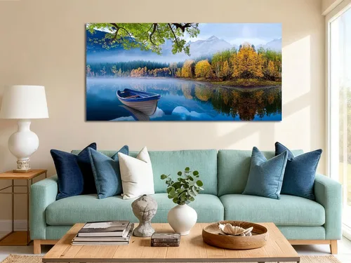 Vista 20 de Arjun Lienzo decorativo para pared, diseño de lago y montaña, cielo, naturaleza, paisaje, barco, ilustración, pintura escénica moderna, enmarcada