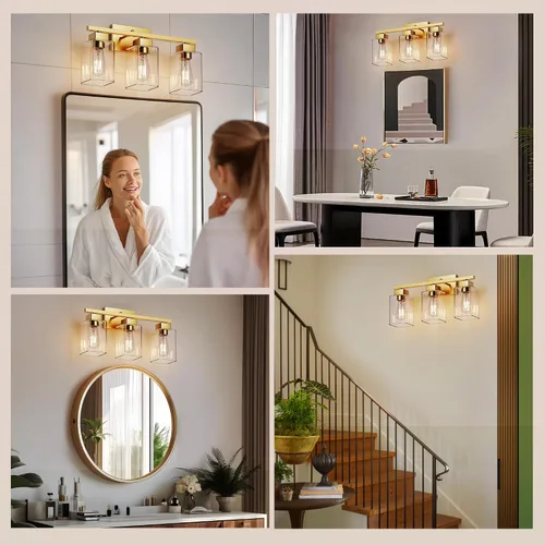 Vista 7 de PARTPHONER Lámparas de baño de 3 luces, luces de tocador modernas de oro cepillado, accesorios de iluminación de baño sobre el espejo, apliques