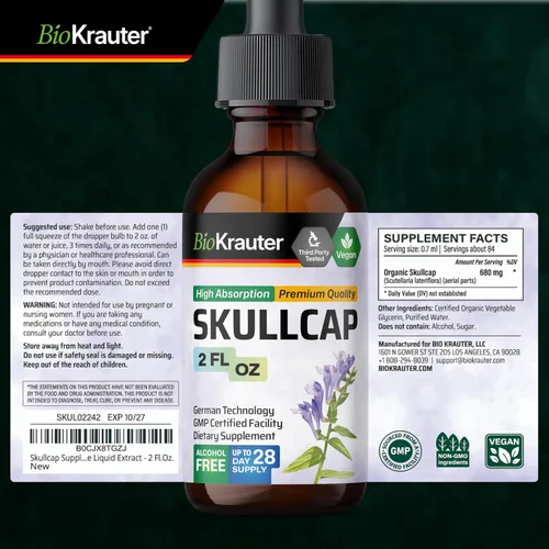 Vista 8 de BIO KRAUTER® Tintura Skullcap para la calma y la relajación - Hierba líquida Skullcap 2 onzas 28 días de suministro - Suplemento para dormir puro