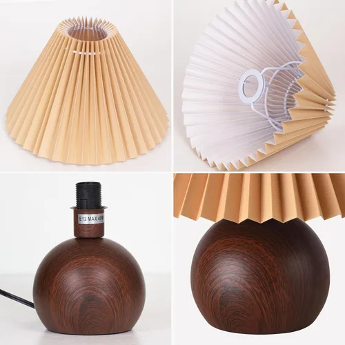 Vista 6 de KUNJOULAM Lámpara de mesa plisada retro, moderna lámpara de mesita de noche con pantalla marrón, base de metal de 5.9 pulgadas para dormitorio