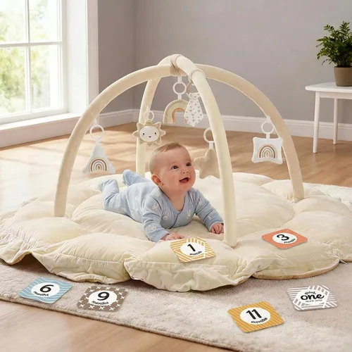 Vista 8 de Mallify Gimnasio de felpa 5 en 1 para bebés, tapete de juego para bebés, gimnasio convertible para bebés con manta y 6 juguetes, tapete
