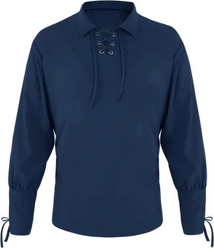 Vista 2 de Camisas medievales de pirata renacentista para hombre, con cordones, disfraz vikingo, mercenario, escocés, camisetas de jacobita ghillie, 01 Azul