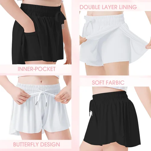 Vista 2 de QooNoo Girls Butterfly Shorts with Pocket Flowy Athletic Shorts High Waist Preppy Running Shorts for Kids Teen