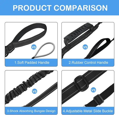 Vista 8 de Correa de perro resistente para perros medianos y grandes, correa táctica de absorción de golpes de 4 a 6 pies con mango acolchado de control y Negro