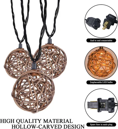 Vista 8 de Vigdur Luces de Cadena de Bolas de Ratán, Luces de Cadena de Linterna Boho con 10 Bombillas LED Conectables, Luces de Cadena para Interiores