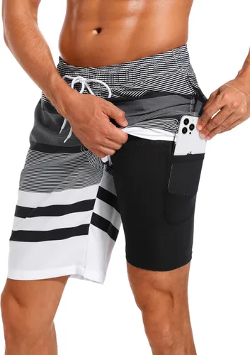 Vista 15 de Difficort - Traje de baño para hombre con forro de compresión, pantalones cortos de secado rápido con bolsillos con cremallera 1-a/ Rayas negras